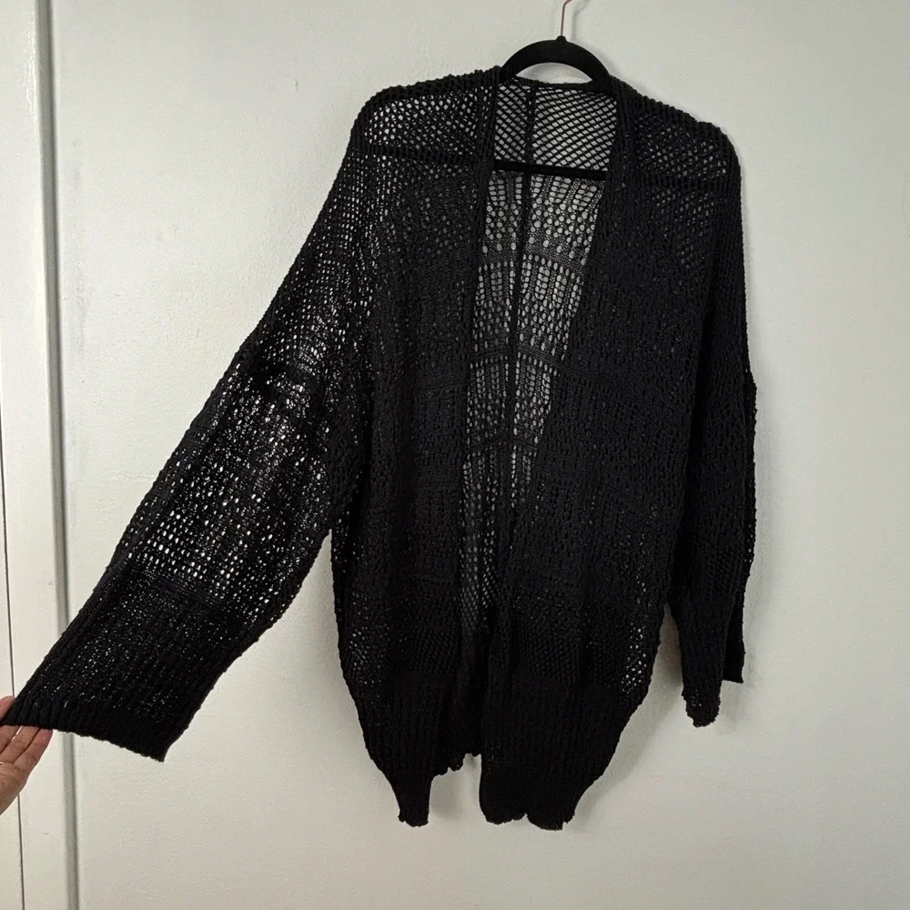 Black Open Knit Netted Cardigan Crochet Oversize Mesh Boho Whimsigoth Sweater OS